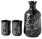 Asayu Japan Japanese Sake Set, Sakura Cherry Blossom Design, 1 Tokkuri Bottle with 2 Ceramic Cups, Black, Made in Japan Pottery