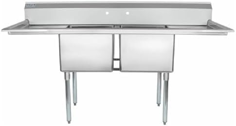 74" Wide Stainless Steel Two Compartment Commercial Sink | Prep Utility 18 x 18 Bowl for Restaurant Laundry Garage | (2) 18" Drainboard, 9.75" Backsplash, 74"W x 23.5"D x 44.25"H, 18 Gauge, NSF