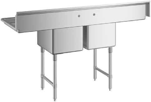74" Wide Stainless Steel Two Compartment Commercial Sink | Utility 18" x 18" Bowl for Restaurant Laundry Garage | (2) 18" Drainboard, 9.75" Backsplash, 74"W x 23.5"D x 44.25"H, 16 Gauge, NSF