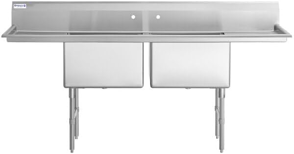 94" Wide Stainless Steel Two Compartment Commercial Sink | Utility 24" x 24" Bowl for Restaurant Laundry Garage | (2) 18" Drainboard, 9.75" Backsplash, 94"W x 29.5"D x 44.25"H, 16 Gauge, NSF