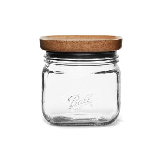 Ball Stack & Store Glass Mason Jars with Wooden Lid, Used for Pantry, Cookies, Flour, Cereal, Rice, Sugar, Tea, Coffee Beans, Spices, Square, 4-Cup (Pack of 2)