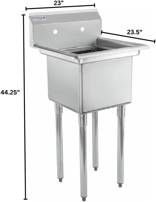 23" Wide Stainless Steel One Compartment Commercial Sink | Utility 18 x 18 Bowl for Restaurant Laundry Garage | 3.5" Drain Basket, 9.75" Backsplash, 23.25"W x 23.5"D x 44.25"H, 18 Gauge, NSF