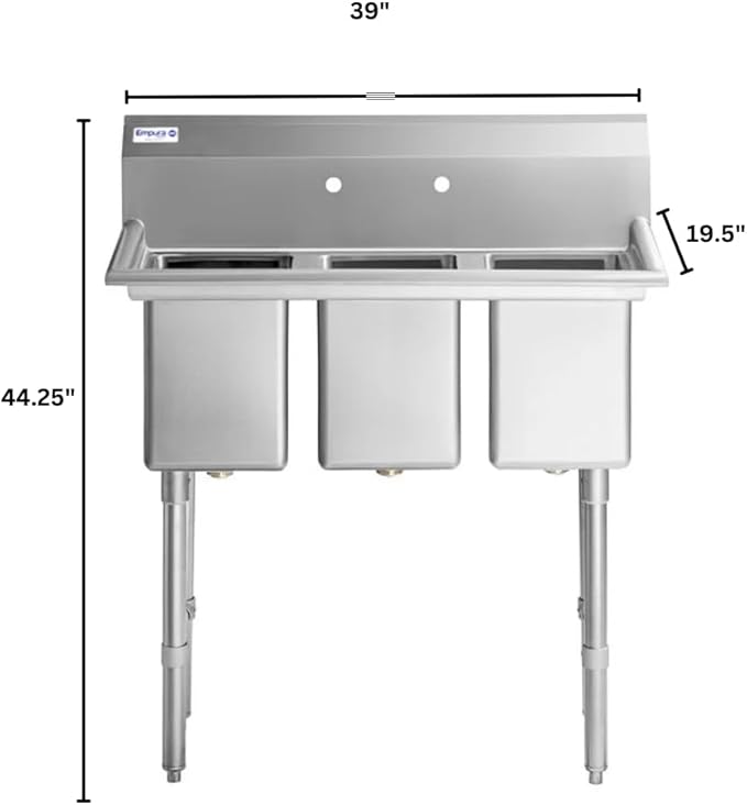 39" Wide Stainless Steel Three Compartment Commercial Sink | Prep Utility 10" x 14" Bowl for Restaurant Laundry | 3.5" Drain Basket, 9.75" Backsplash, 39"W x 19.5"D x 44.25"H, 16 Gauge, NSF