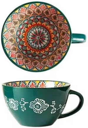 Bohemian Hand-Painted Ceramic Mug, 15 Oz Large Coffee Cup for Milk, Tea, and Breakfast, Dishwasher & Microwave Safe Artisan Cup, Green-M
