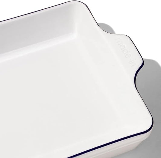 Made In Cookware - Square Baking Dish - Navy Rim - Hand Crafted Porcelain - Professional Bakeware - Made in France