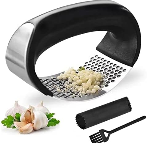 Angel's Peel Lounge Stainless Steel Garlic Press Rocker Set with Silicone Garlic Peeler & Cleaning Brush β Garlic Chopper, Mincer, Grater, Crusher β Easy for Crushed Cloves β Rust-Resistant, Black