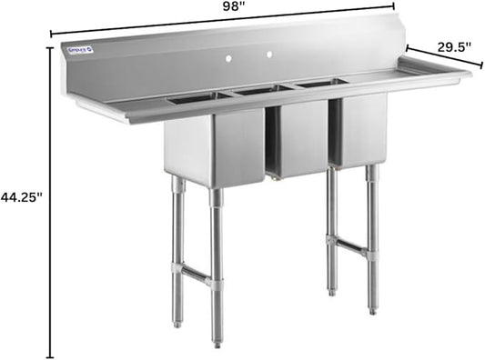 98" Wide Stainless Steel Three Compartment Commercial Sink | Utility 10" x 14" Bowl for Restaurant Laundry Garage | (2) 12" Drainboard, 9.75" Backsplash, 98"W x 29.5"D x 44.25"H, 16 Gauge, NSF