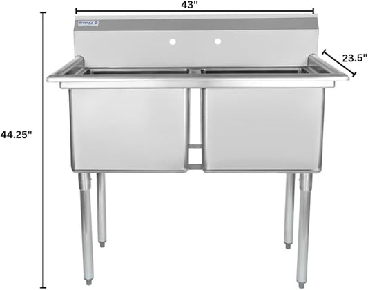 43" Wide Stainless Steel Two Compartment Commercial Sink | Prep Utility 18 x 18 Bowl for Restaurant Laundry Garage | 3.5" Drain Basket, 9.75" Backsplash, 43"W x 23.5"D x 44.25"H, 18 Gauge, NSF