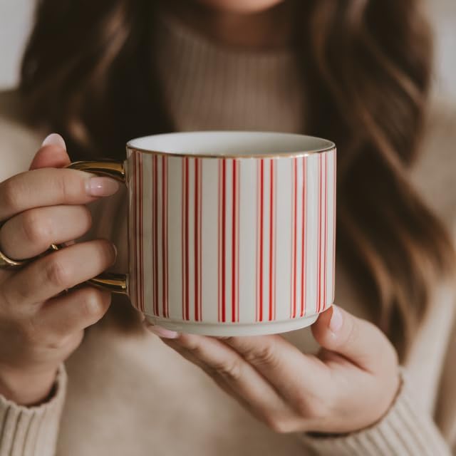 Sweet Water Decor Red Stripe Coffee Mug, 14oz China Christmas Mug with Gold Handle, Large Holiday Winter Cup for Coffee, Tea & Hot Chocolate, Stocking Stuffer Gifts for Women