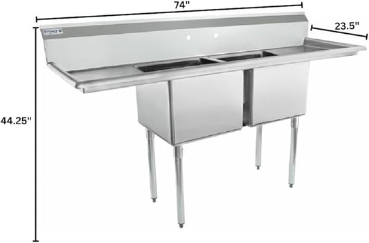74" Wide Stainless Steel Two Compartment Commercial Sink | Prep Utility 18 x 18 Bowl for Restaurant Laundry Garage | (2) 18" Drainboard, 9.75" Backsplash, 74"W x 23.5"D x 44.25"H, 18 Gauge, NSF