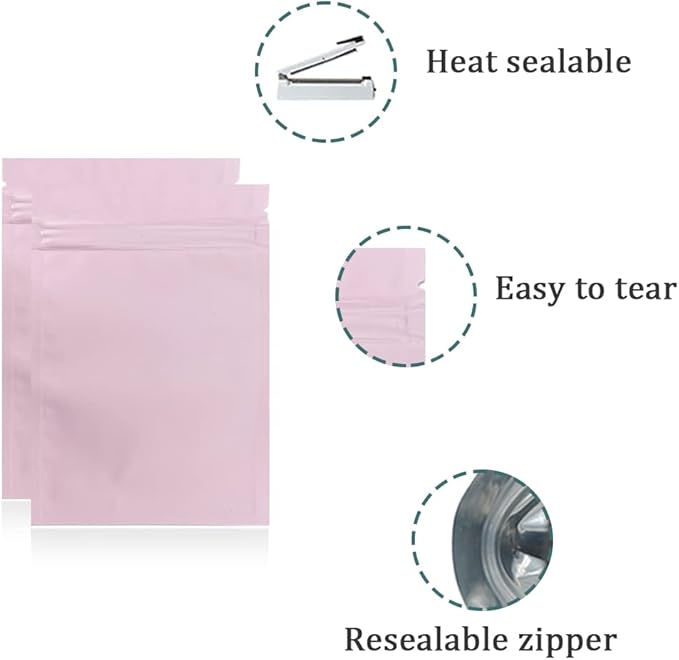 FERENLI 100Pcs Zipper Lock Self Seal Flat Pouch for Zip Aluminum Foil Lock Package Bag Coffee Food Storage Resealable Mylar Bags Heat Sealable Candy Reclosable Bags (7x10cm (2.8x3.9 inch), Pink)