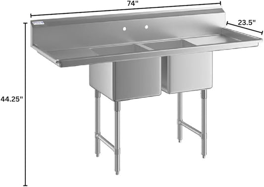 74" Wide Stainless Steel Two Compartment Commercial Sink | Utility 18" x 18" Bowl for Restaurant Laundry Garage | (2) 18" Drainboard, 9.75" Backsplash, 74"W x 23.5"D x 44.25"H, 16 Gauge, NSF