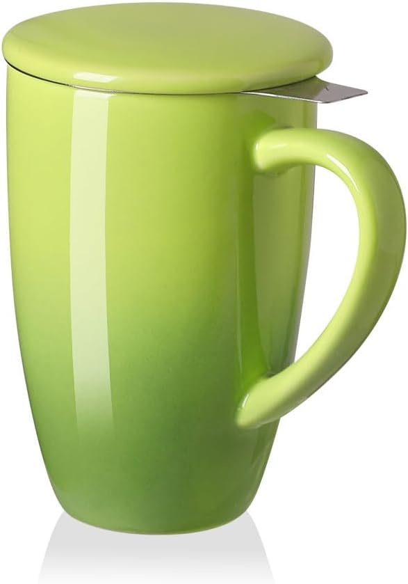 Sweejar Porcelain Tea Mug with Infuser and Lid,Teaware with Filter, Loose Leaf Tea Cup Steeper Maker, 16 Fl Oz for Tea/Coffee/Milk/Women/Office/Home/Gift (Gradient Green)