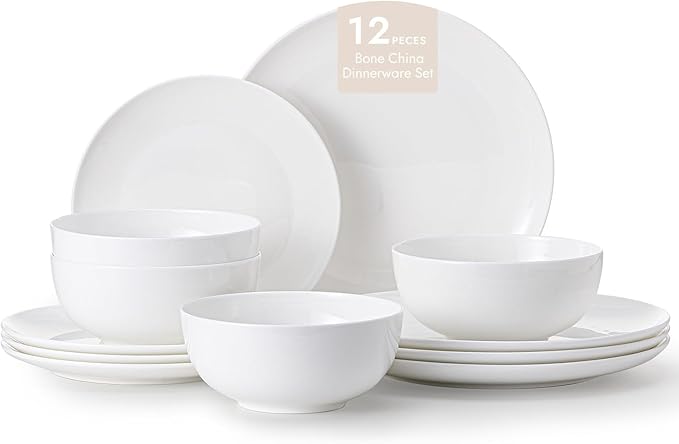 KINGSTONE Bone China Dinnerware Sets, 12-Piece Dinnerware Set for 4, Lightweight Durable, Dishwasher Safe, Tableware for Daily Use with Elegant Design, White