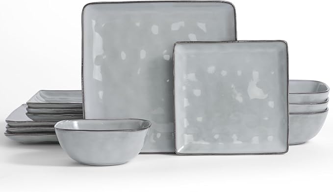 Famiware Dinnerware Sets for 4, Ocean Square 12-Piece Kitchen Plates and Bowls Sets, Reactive Glaze, Microwave and Dishwasher Safe, Scratch Resistant, Grey