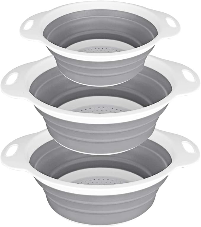QiMH Collapsible Colander and Strainer Set of 3-2 PC 4 Quart(1 gal) and 1 PC 2 Quart(0.5 gal) - BPA Free & Dishwasher-safe Silicone Kitchen Foldable Strainer for Pasta, Veggies