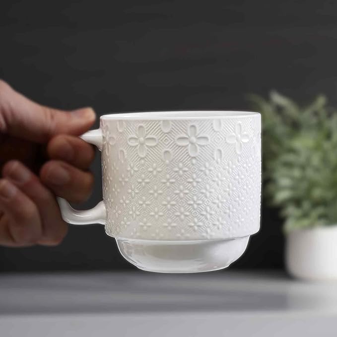 Stackable Coffee Mug Set of 4 with Stand, 10oz Ceramic Cups with Spoons – Ribbed Porcelain Mugs for Tea, Latte, Cappuccino – Microwave & Dishwasher Safe – Gift for Home & Office Use (White)