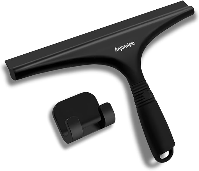 All-Purpose Shower Squeegee for Glass Doors with Hook, Silicone Squeegee for Shower Glass, Shower Doors, Windows, Bathroom, Mirrors and Tiles(10 inch, Black)