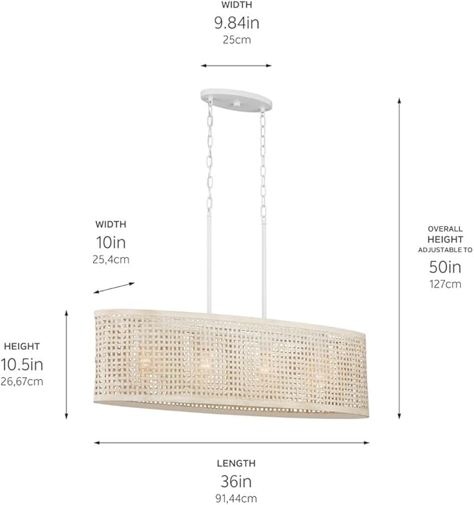 KICHLER Sayulita 4-Light Linear Chandelier in a Classic White Finish with a White Washed Wicker Shade, 82402
