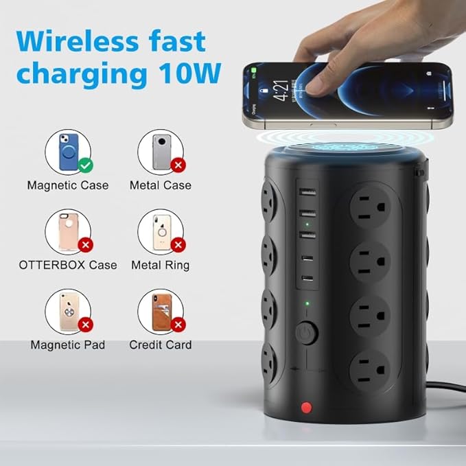 Surge Protector Power Strip,Desk Charging Station with 15W Wireless Charger, Multiple Outlets Charging Station with 16 AC Outlets & 5 USB (2 USB C) Port, for Home, Office, Dorm Room(10FT)