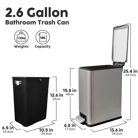 Bathroom Trash Can, 10 Liter / 2.6 Gallon Trash Can with Lid, Stainless Steel Garbage Can with Removable Inner Bucket, Step Trash Bin for Bedroom, Office, Kitchen, Dorm, Kohler Grey