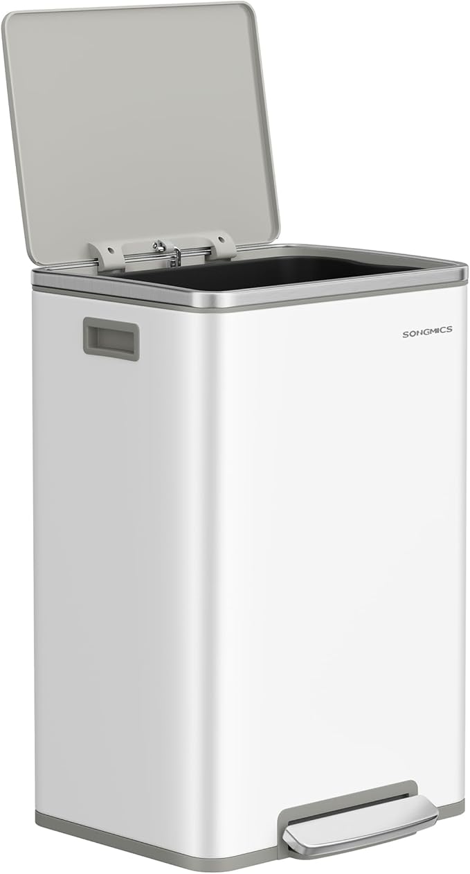 SONGMICS Trash Can, 13-Gallon Gabbage Can, with 15 Trash Bags, Steel, with Soft-Close Lid, Removable Inner Bucket, Handles, Cloud White ULTB595W01V1