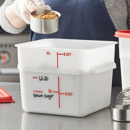 6 Qt Square Food Storage Container, White Polyethylene, 8.75x8.75x7.31 Inches, with Measurement Guides, Stackable, Made in USA