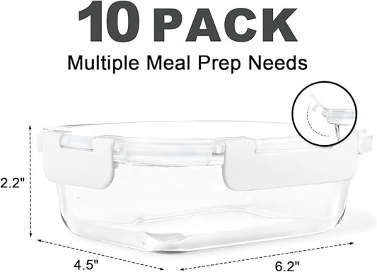 KAMOTA Glass Food Storage Containers, 10 Pack Glass Meal Prep Containers, Airtight Containers with Snap-Lock Lids, 22 oz White Container Set with Lids, for Microwave/Oven/Freezer/Dishwasher