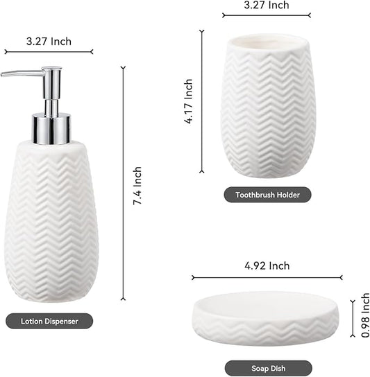 White Bathroom Accessories Set, 3pcs Ceramic Wave Design Farmhouse Decor, Complete countertop Bathroom Decor with soap Dispenser,Toothbrush Holder and soap Dish for Stylish Bathroom Organization