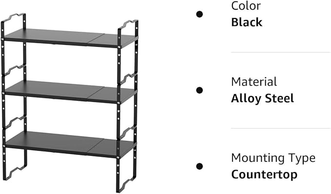 Expandable Shelf for Cabinet Organizer Adjustable and Stackable Spice Rack at Kitchen and Bathroom More, Counter Countertop Cupboard Organization Pantry Storage(LARGE/3PACKS/BLACK)