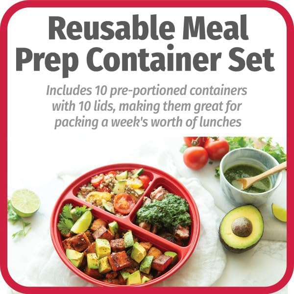 GoodCook Meal Prep Containers Set Microwave & Dishwasher-Safe Round Food Organizers with Labeled Compartments BPA-Free Food Storage Set with Snap Shut Lids Portion Control, 10-Pieces, Red