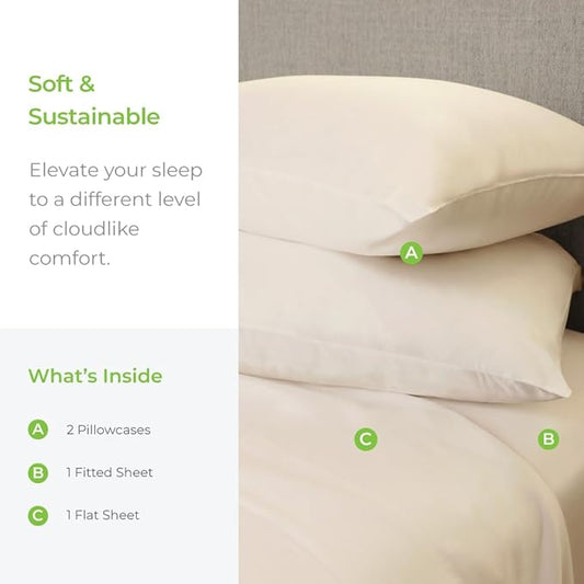 Cariloha Aloha Soft 4-Piece Sheet Set | Natural | Queen | Made from 100% Viscose derived from Bamboo | Introductory Sheet Line