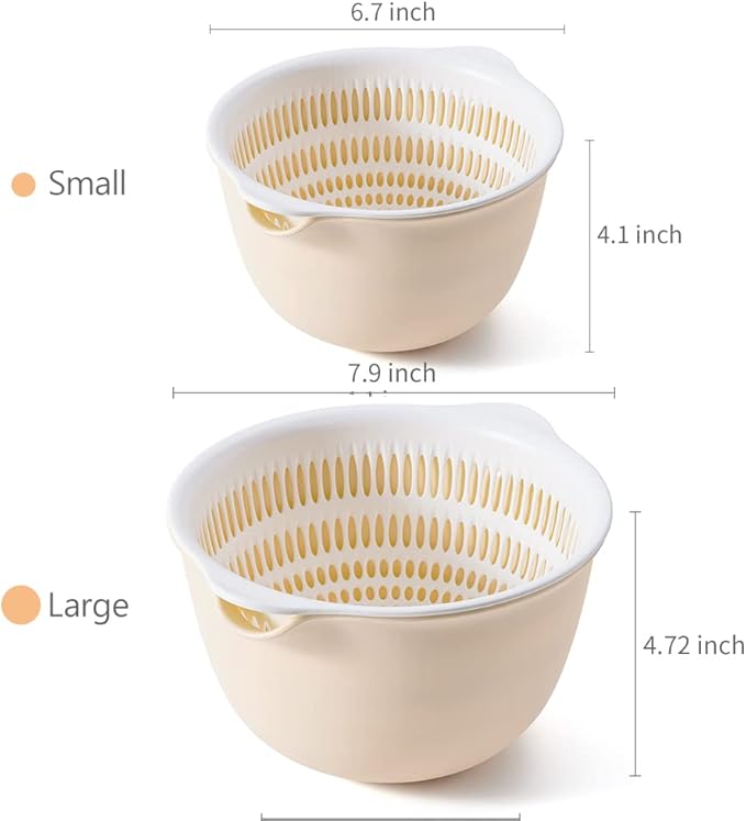 2 in 1 Kitchen Colander Set with Bowl Strainer (2 Sets 3 Qt),BPA Free Plastic Fruits and Vegetable Washing Basket,Dishwasher Friendly Double Layered Drain Basin,for Pasta Salad Berry Cleaning Mixing