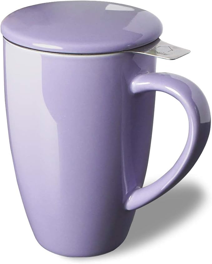 Sweejar Porcelain Tea Infuser Mug with Lid, 16 oz Teacup with Strainers for Loose Leaf Tea, Microwave and Dishwasher Safe Coffee Mug(Purple)