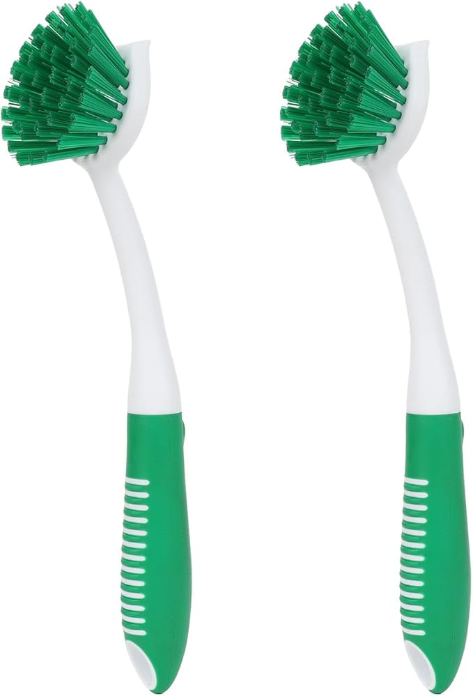 Dish Brush with Handle, 2 Pack Scrub Brushes with Built-in Scraper for Cleaning Kitchen, Pots, Pans and Sink, Scrubber Washing Tools, Green