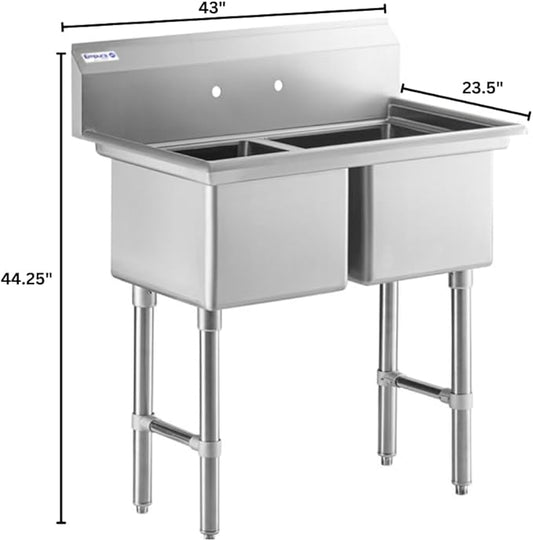 43" Wide Stainless Steel Two Compartment Commercial Sink | Prep Utility 18" x 18" Bowl for Restaurant Laundry Hotel | 3.5" Drain Basket, 9.75" Backsplash, 43"W x 23.5"D x 44.25"H, 16 Gauge, NSF