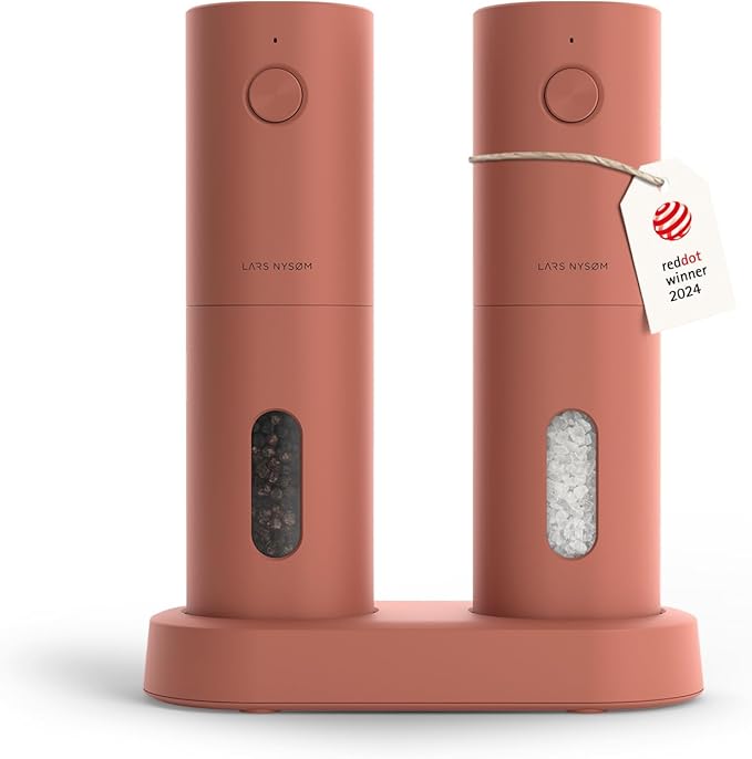 LARS NYSØM Electric Salt and Pepper Grinder Set, USB Rechargeable, Automatic Salt and Pepper Mills, Spice Shakers Refillable with LED Light, Adjustable Coarseness, Ceramic Grinder (Brick Red)