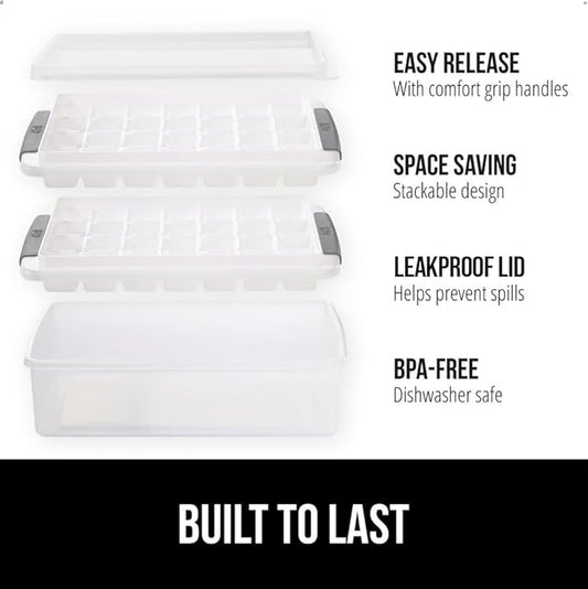 GORILLA GRIP BPA-Free Easy Release Stackable Ice Cube Tray for Freezer, Set Makes 56 Cubes for Cocktail Drinks, Coffee, Bucket Kit Includes 2 Leakproof Trays with Lid and Scooper, Kitchen Tool, Gray