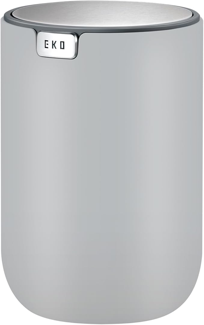 EKO Mini Desk Trash Can with Swing-Top Lid 0.4 Gallon Small Table Round Wastebasket for Office, Home, Car (Grey)
