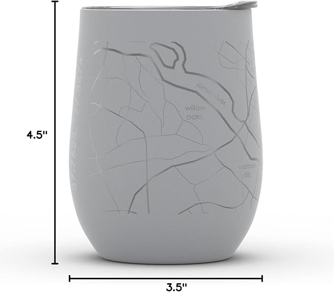 Well Told Engraved Richmond Virginia Map Insulated Wine Tumbler, Etched Stainless Steel Cup (12 oz, Dockside Gray) City Map Insulated Tumbler, Custom Insulated Tumbler, Outdoor Drinkware