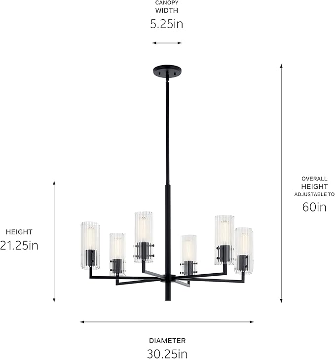KICHLER Velestino 30.25" 6 Light Chandelier in Black, for Foyer, Dining Room, Living Room, Bedroom, (21.25" x 30.25") 52679BK