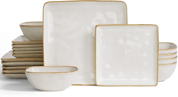 Famiware Ocean Square Plates and Bowls Set, 18 Pieces Dinnerware Sets, Dishes Set for 6, Microwave and Dishwasher Safe, Scratch Resistant, Cappuccino White