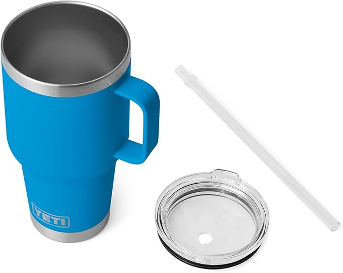 YETI Rambler 35 oz Tumbler with Handle and Straw Lid, Travel Mug Water Tumbler, Vacuum Insulated Cup with Handle, Stainless Steel, Big Wave Blue