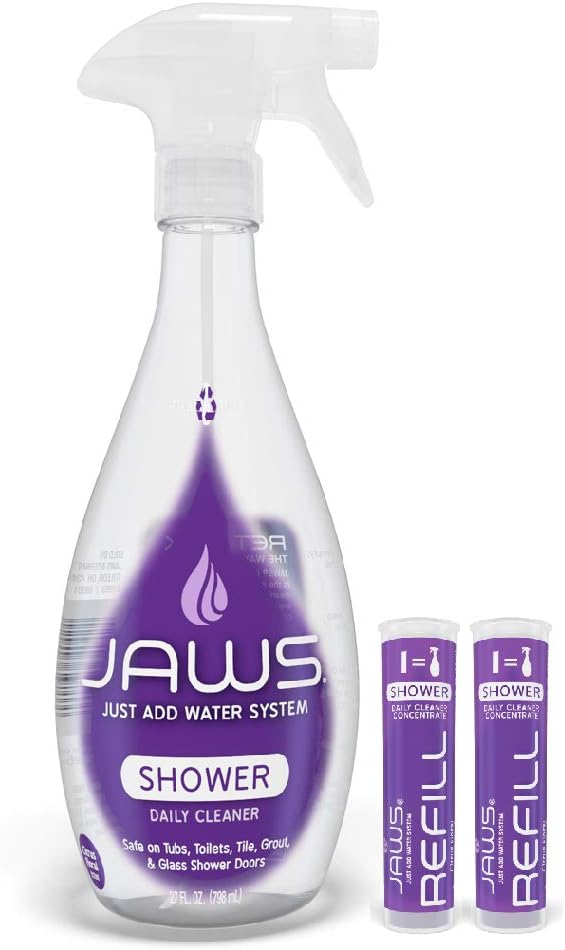 JAWS Cleaner Shower Cleaner Bottle with 2 Refill Pods. Refillable Cleaning Supplies.