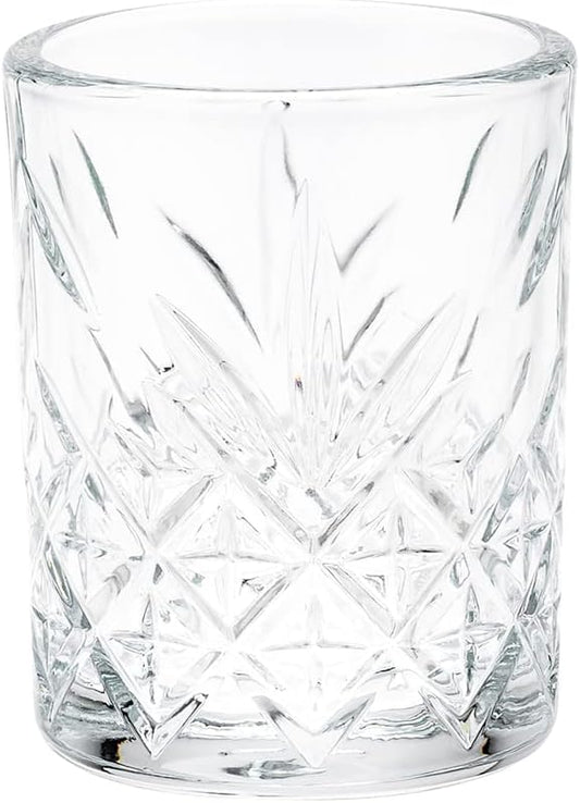 Restaurantware Timeless 2 Ounce Shot Glasses Set of 6 Etched Vintage Shot Glasses - Dishwasher-Safe Chip-Resistant Clear Glass Shot Glass Set Lead-Free For Whiskey Tequila or Vodka
