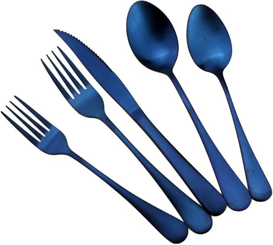 Blue Reusable Utensils with Case Camping Travel Silverware Set,Portable Stainless Steel Cutlery Set - Matte Flatware Set Knife Fork Spoon Mirror Straws Chopsticks - for Office Lunch, Hiking, School