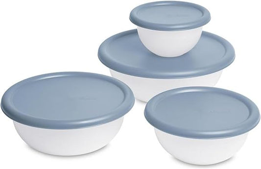 Sterilite Covered Bowl Set, Plastic Nesting Kitchen Mixing Bowls with Pour Spout, Meal Prep Food Storage Containers with Lids, Washed Blue (Set of 6)