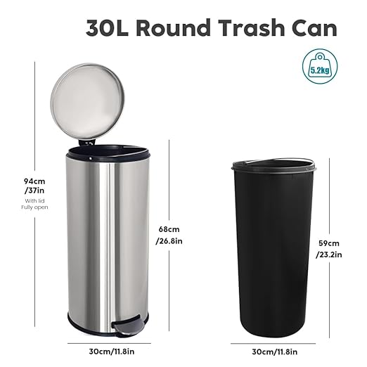 8-Gallon Trash Can, 30 Liter Stainless Steel Garbage Can, Round Trash Can with Lid, Slim Garbage can Featuring a Removable Inner Liner (Silver, 30L-Round)