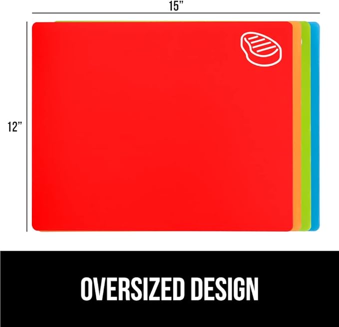 GORILLA GRIP 100% BPA-Free Flexible Cutting Board Set of 4, Durable Plastic Mats with Food Icons for Meal Prepping, Large Kitchen Chopping Mat, Use for Meat Fish Vegetables Fruit, 15x12, Multicolor
