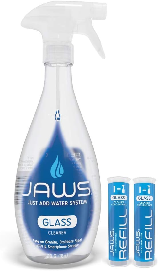 JAWS Glass Cleaner Bottle with 2 Refill Pods. Refillable Cleaning Supplies